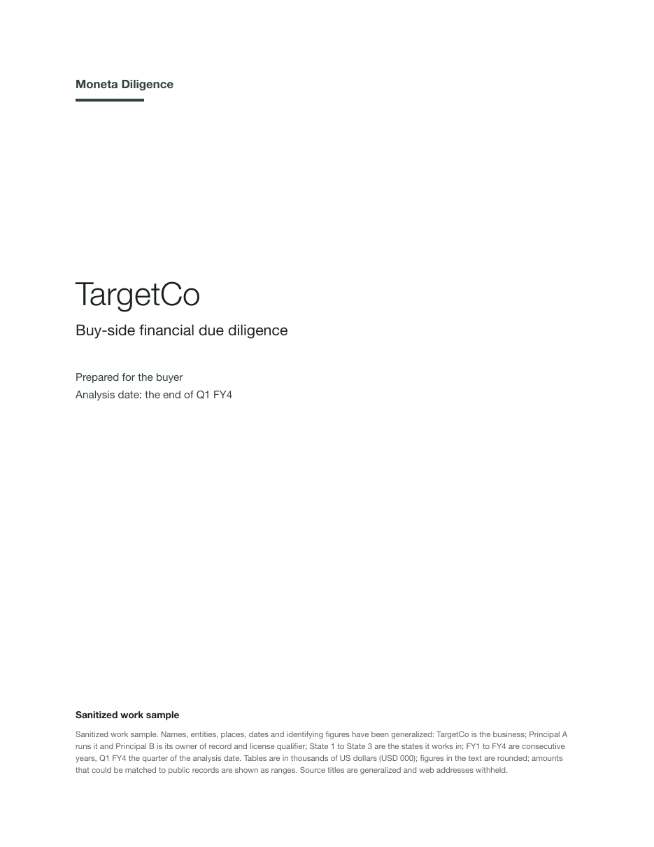 Cover of a real Moneta Diligence buy-side financial due diligence report, with identifying details removed